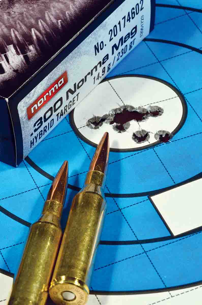 The .300 Norma Magnum is intended as a long-range tactical cartridge and lives up to its billing. This 10-shot group at 100 yards measured 1.19 inches, center to center, with seven shots going into one big hole.